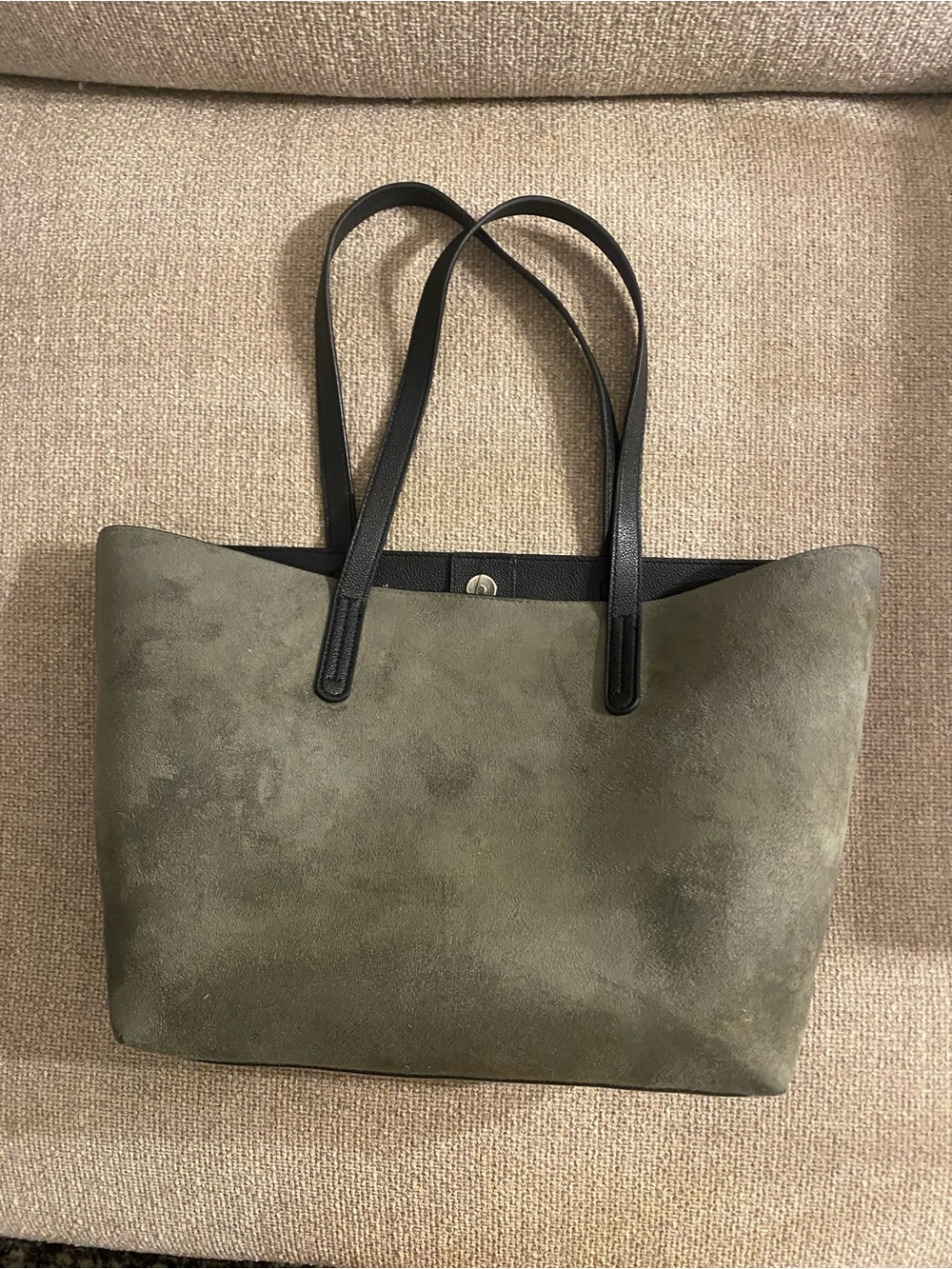 Gray Suede Tote with Black Handles